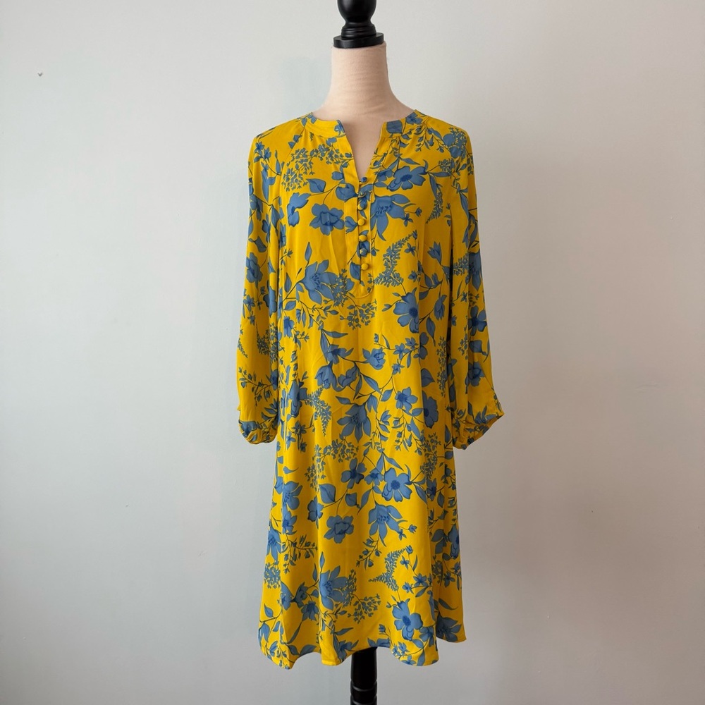 💙💛 Cabi Yellow Blue Floral Tunic Dress Size L Flowy Boho Lightweight💙💛